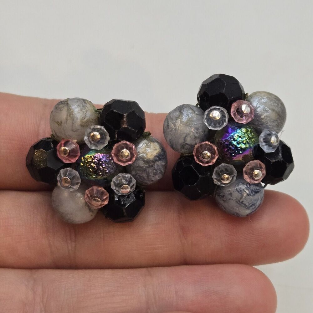 Vintage Earrings West Germany Marked Iridescent Bead Cluster Purple Black Clip
